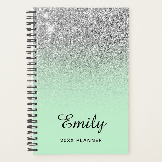 Agenda Brilho Prateado Pastel Mint Ombre Personalizado (Frente)