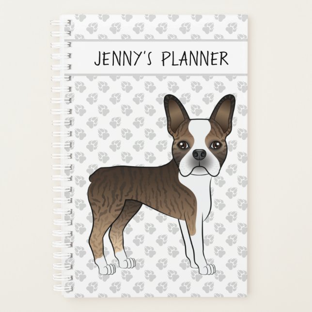 Agenda Brindle Boston Terrier Cartoon Dog e Texto Persona (Frente)