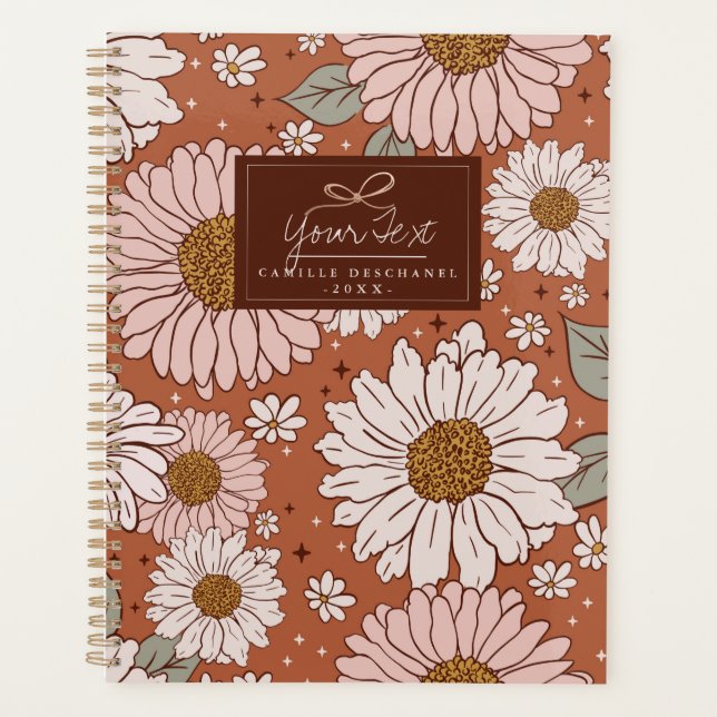 Agenda Brown Boho Retro Floral Impressão Personalizado (Frente)