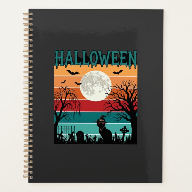 Agenda Bruxa de Halloween Gato Teia de Aranha Lua Cemitér (Frente)