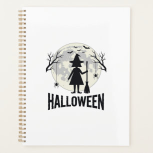 Agenda Bruxa de Halloween Lua Desenho de Gravura Vintage_