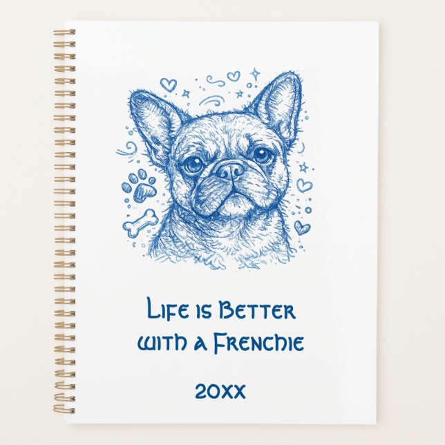 Agenda Bulldog Francês blue lineart doodle frenchie 2027 (Frente)