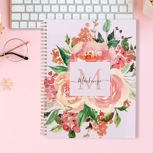 Agenda Buquê Floral Rosa Bege com Monograma Moderno (In situ)