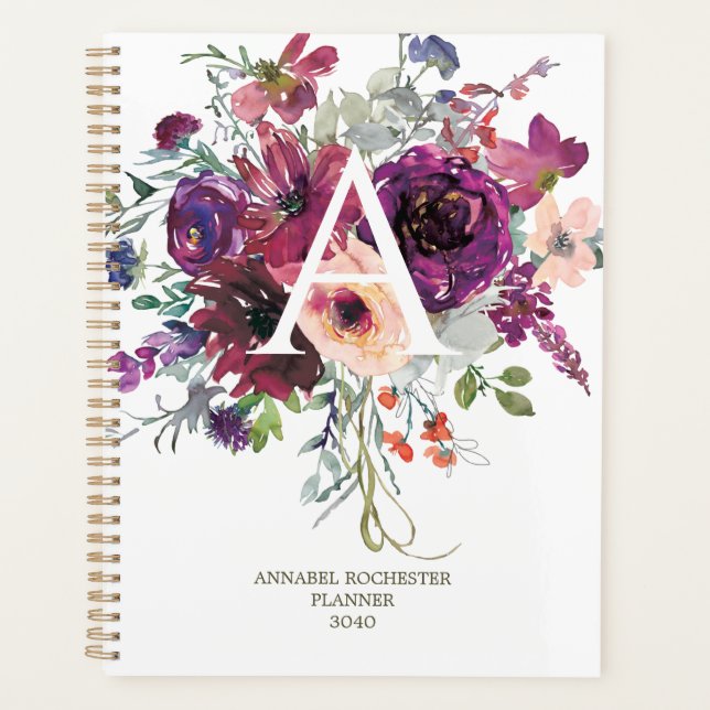 Agenda Buquê floral roxo e Mauve personalizado (Frente)