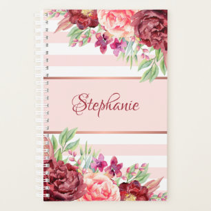 Agenda Burgundy Floral Blush Pink Strips Monograma