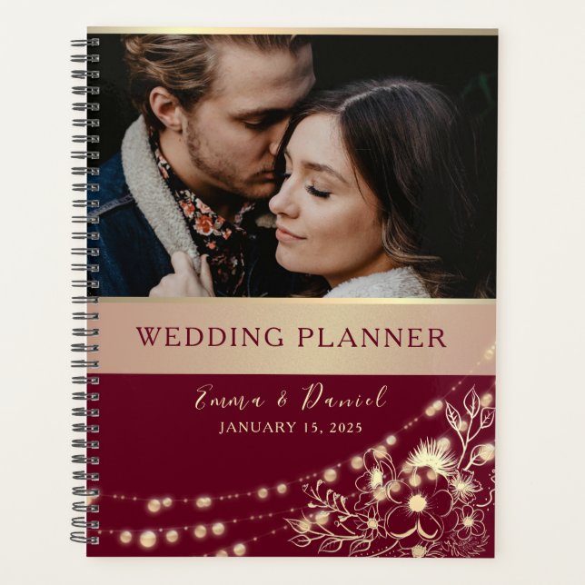 Agenda Burgundy Floral Foto Planner de Casamento (Frente)