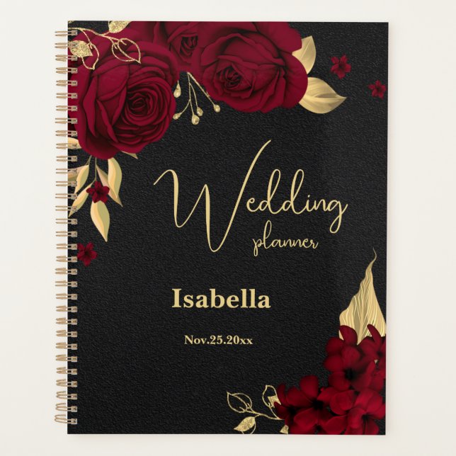 Agenda Burgundy floresce o casamento negro de ouro (Frente)