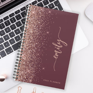 Agenda Burgundy Personalizado 2025 com Brilho em Rose Gol