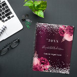 Agenda Burgundy prata florals nome brilhante 2025<br><div class="desc">Um fundo de gradiente arrojado profundo decorado com brilho falso prateado,  faíscas,  burgundy e florais cor-de-rosa pincelados. Personalize e adicione um ano,  nome e título/texto.</div>