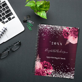 Agenda Burgundy prata florals nome brilhante 2025