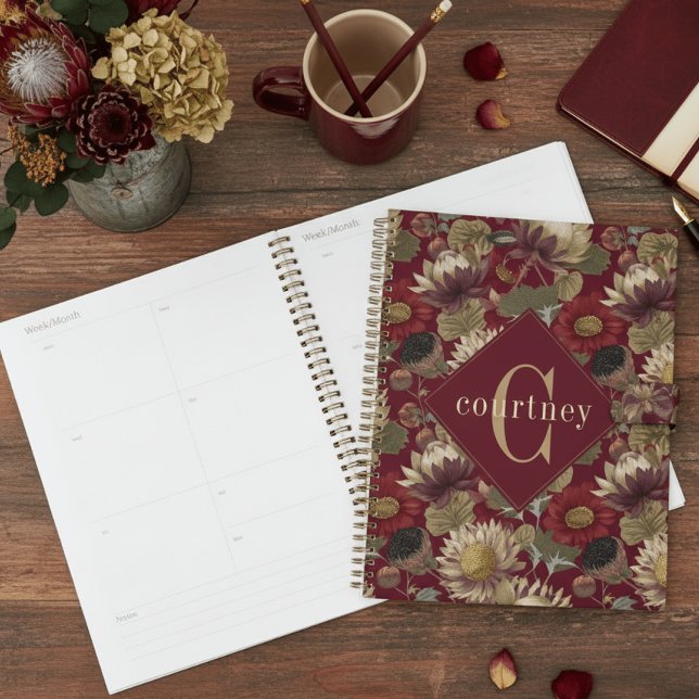 Agenda Burgundy William Morris Floral Elegant Monogram  (Criador carregado)