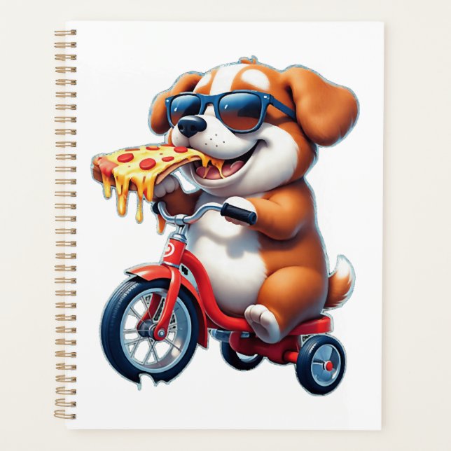 Agenda cachorro andando de bicicleta comendo pizza (Frente)