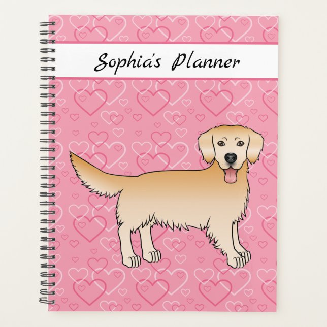 Agenda Cachorro De Retriever De Ouro Amarelo Em Corações  (Frente)