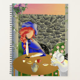 Agenda Cachorro e dama bonitos em café no pôr do sol