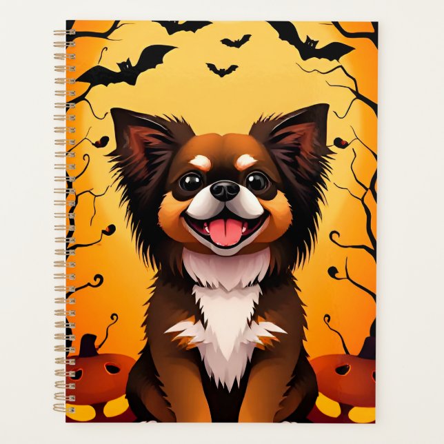 Agenda Cachorro Fofo em Cena de Halloween com Abóboras (Frente)