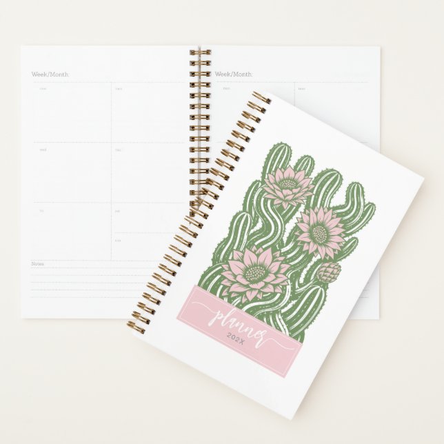 Agenda Cacto entrelaçado linocut verde-sálvia florido (Exibição)