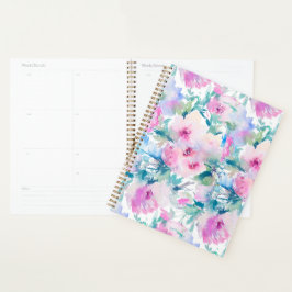 Agenda Caderno com padrão de colagem de flores rosa e azu
