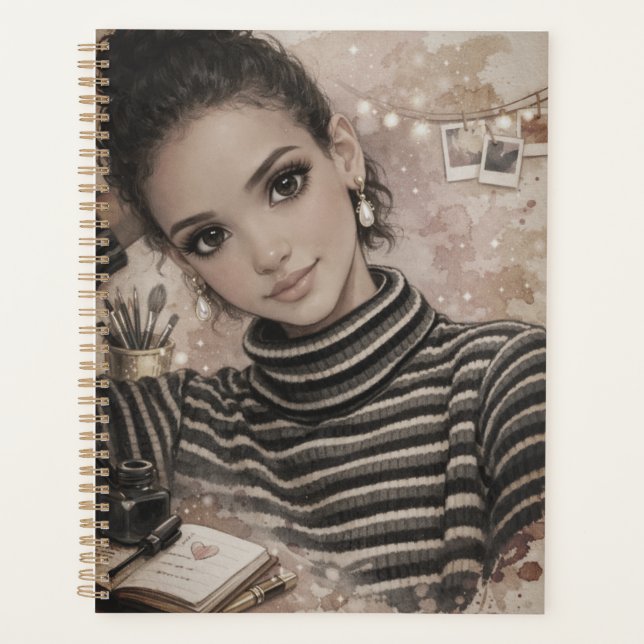 Agenda Caderno de Luxo com Boneca de Moda – Ilustração em (Frente)
