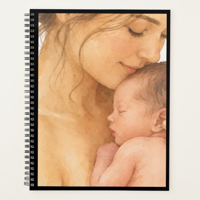 Agenda Caderno de Mãe em Aquarela & Bebê Adormecido (Frente)