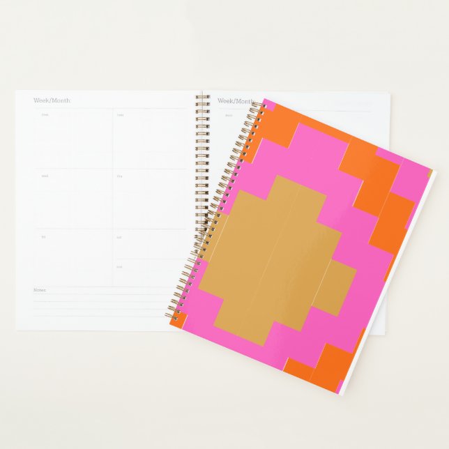 Agenda Caderno Escolar Geométrico Rosa Laranja Retro Groo (Exibição)