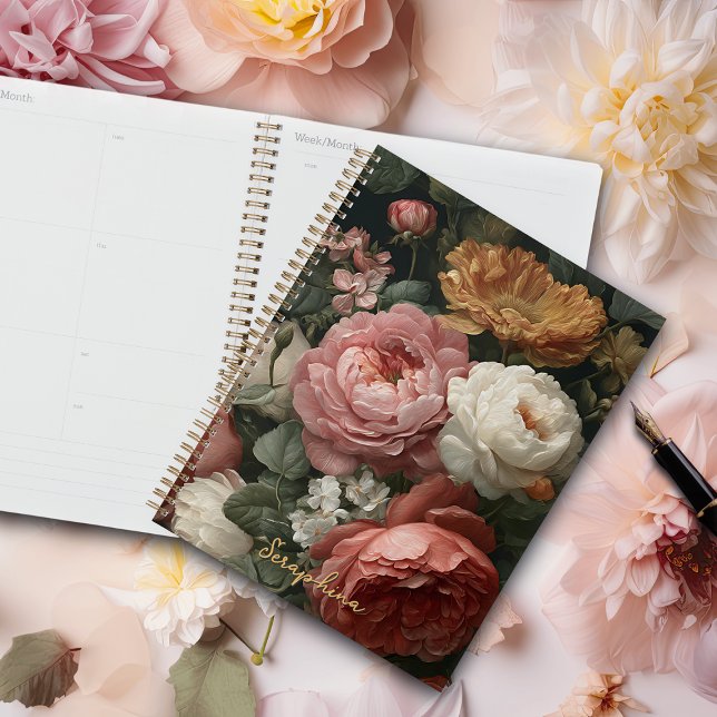 Agenda Caderno Floral Vintage Escuro Personalizado (Criador carregado)