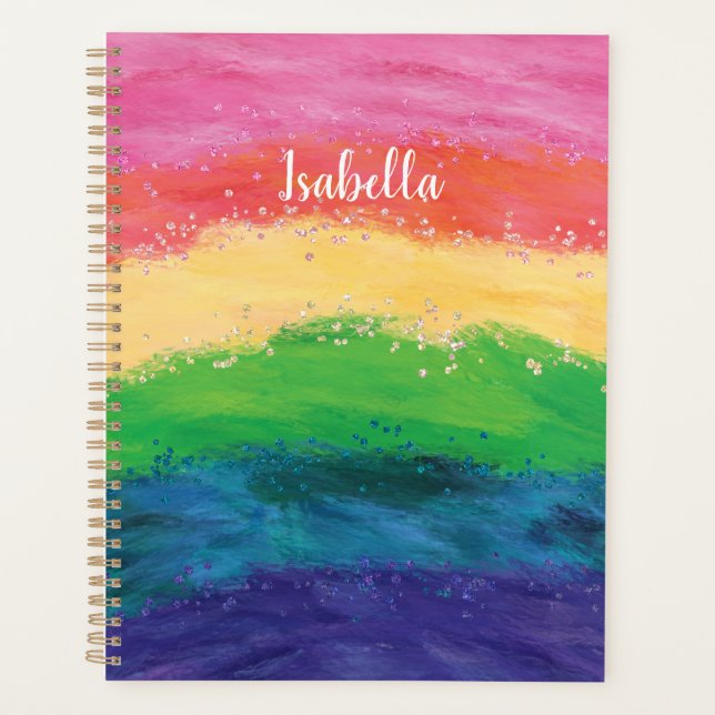 Agenda Caderno Personalizado com Brilho Arco-Íris Feminin (Frente)