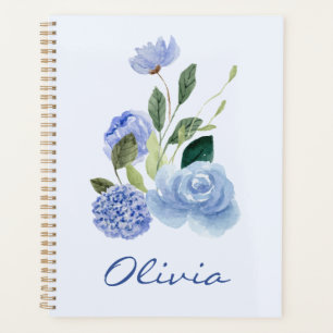 Agenda Caderno Pessoal Espiral Floral Aquarela Azul