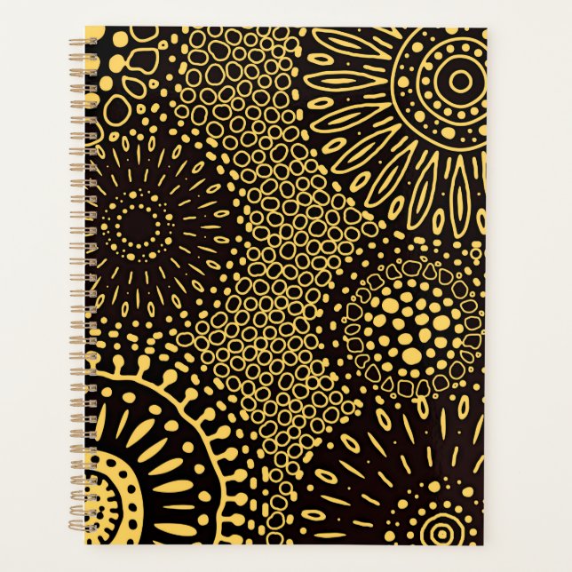 Agenda Caderno Planeador Diário Floral Étnico Ouro Preto (Frente)