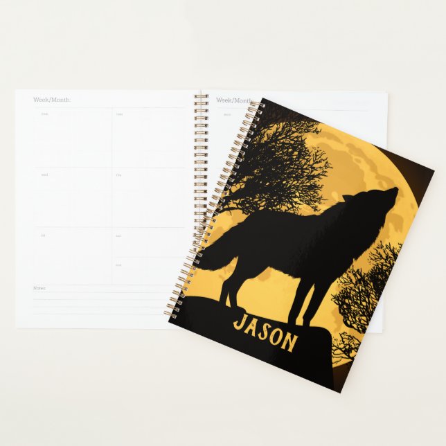 Agenda Caderno Planeador Lua Cheia Lobo Preto e Amarelo (Exibição)