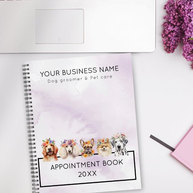 Agenda Cães adoráveis com coroa floral, púrpura de aquare (Criador carregado)