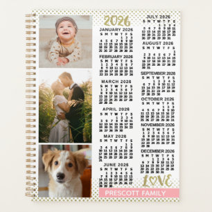 Agenda Calendário 2026 Rosa Bege Dourado Colagem de Fotos