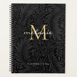 Agenda Calendário de Monograma de Floral Preto Dourado El