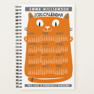 Agenda Calendário Mensal do Ano de 2026 Gato Laranja Mead
