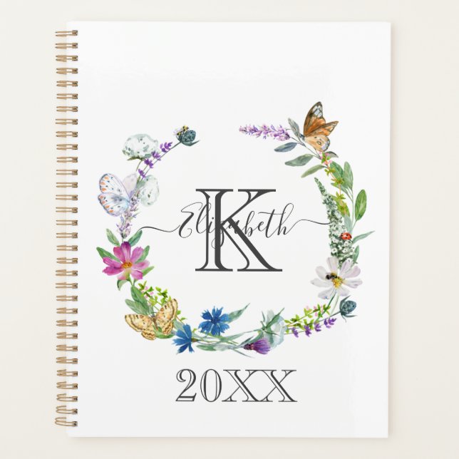 Agenda Caligrafia de Borboletas Flores em Script Monogram (Frente)