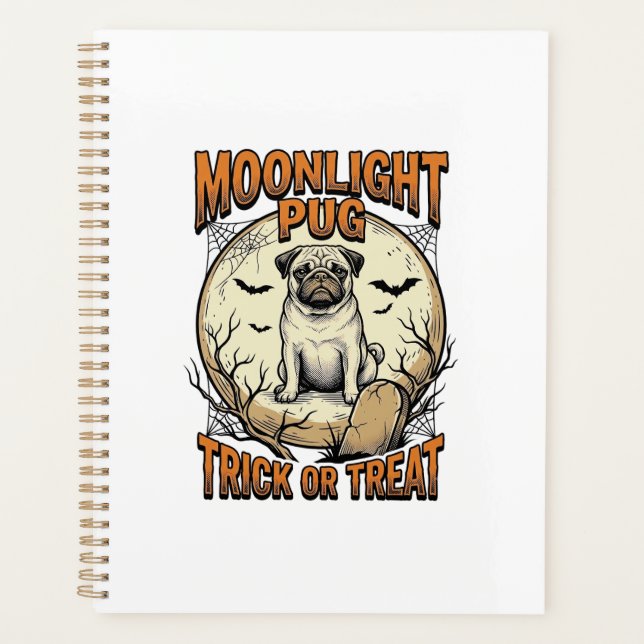 Agenda Camiseta de Halloween Pug com Lua de Gravura Vinta (Frente)