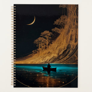Agenda Canoa de madeira e lua crescente, água azul brilha