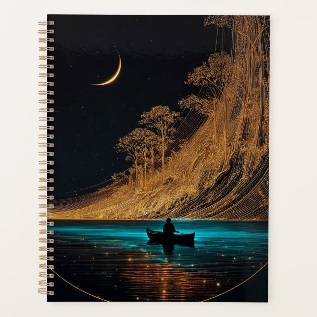 Agenda Canoa de madeira e lua crescente, água azul brilha (Frente)