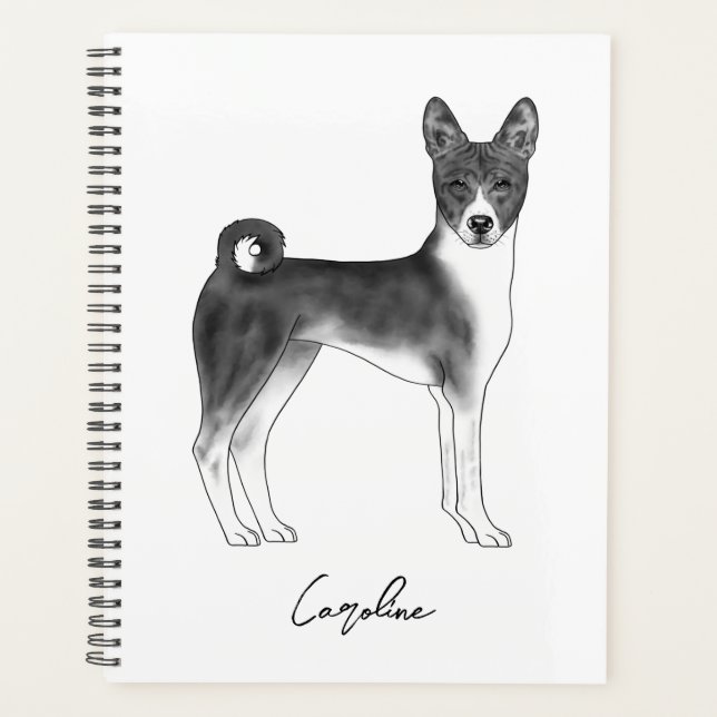Agenda Cão Basenji Preto e Branco com Texto Personalizado (Frente)