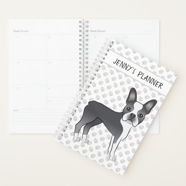 Agenda Cão de desenho animado Boston Terrier azul e branc (Exibição)