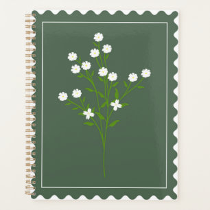Agenda Carimbo Floral Branco Verde para Organização de Re