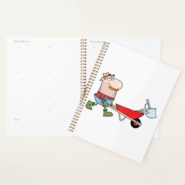 Agenda Cartoon Farmer com Wheelbarrow e Ferramentas (Criador carregado)