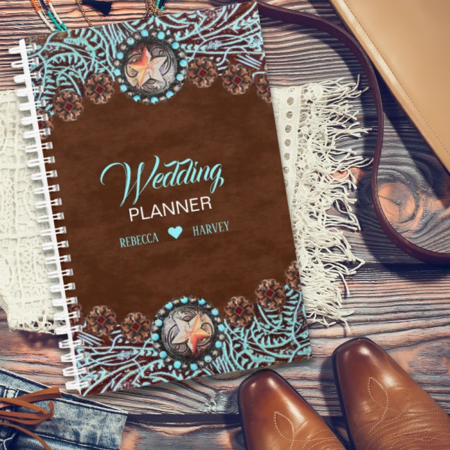 Agenda casal de vaqueiro marrom turquesa casamento ociden (turquoise brown cowboy country western wedding planner)