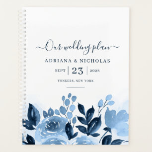 Agenda Casamento Azul com Marinho de Aquarela com Script 