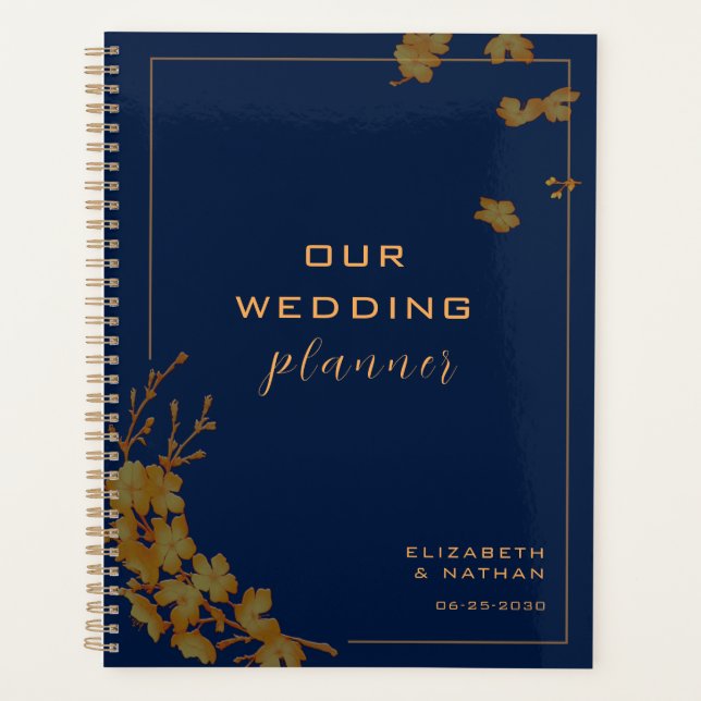 Agenda Casamento Azul de Marinho Floral Dourado Elegante (Frente)