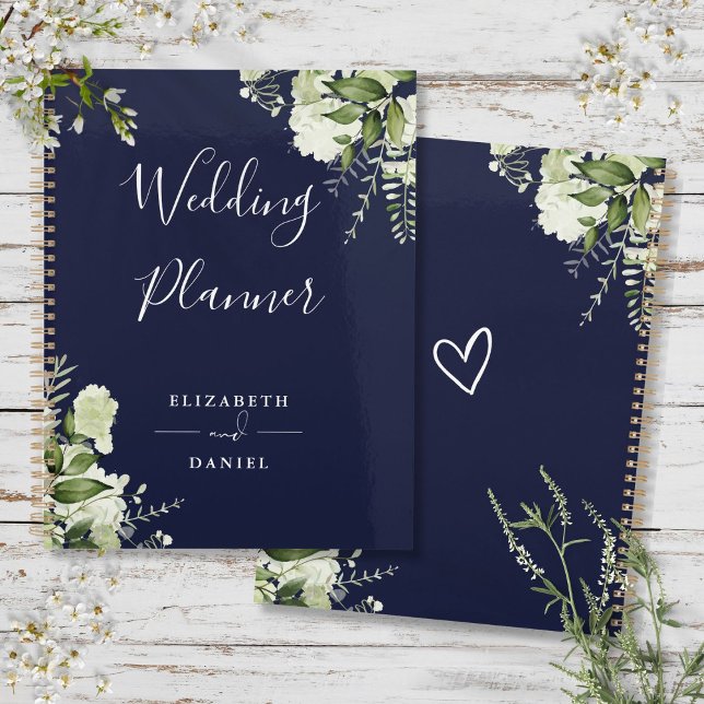 Agenda Casamento Azul de Marinho Verde Floral Elegante (Elegant Floral Greenery Navy Blue Wedding Planner)