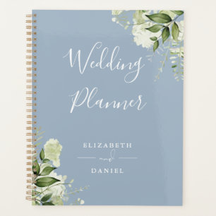 Agenda Casamento Azul Empoeirado de Floral Verde Elegante