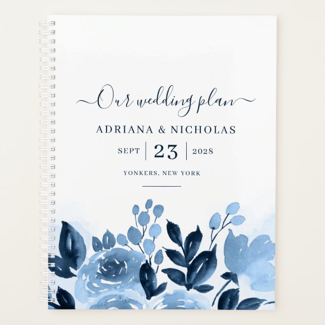 Agenda Casamento Azul Naval de Script Floral Aquarela (Frente)