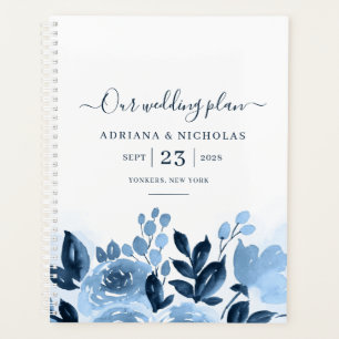 Agenda Casamento Azul Naval Floral Script Aquarela