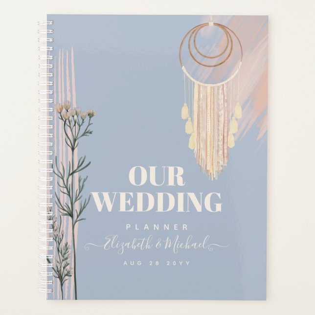 Agenda Casamento Boho de Pêssego Azul Empoeirado (Frente)