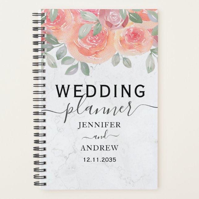 Agenda Casamento Boho Rosa Aquarela Laranja Queimado  (Frente)